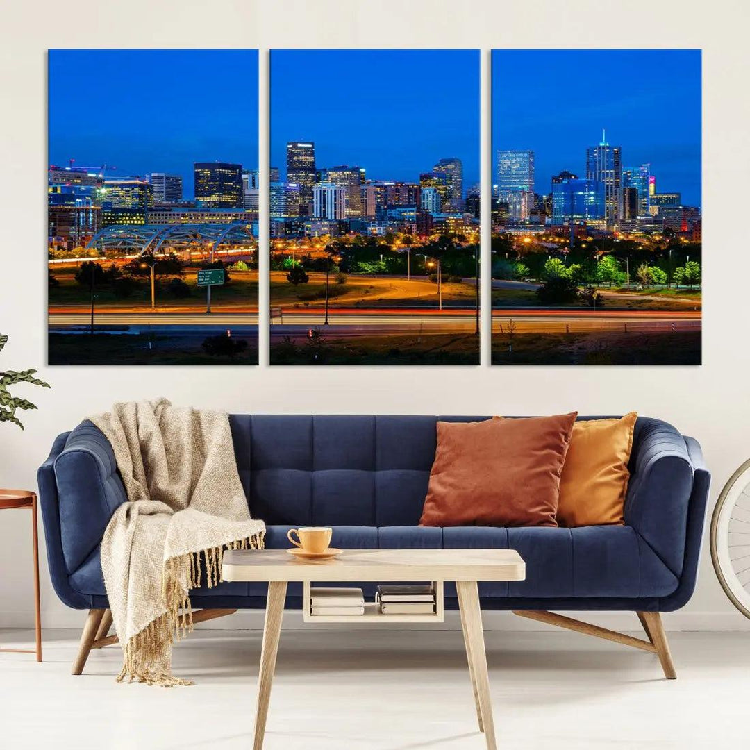 Night Blue Denver Skyline Cityscape View Large Wall Art Canvas Print