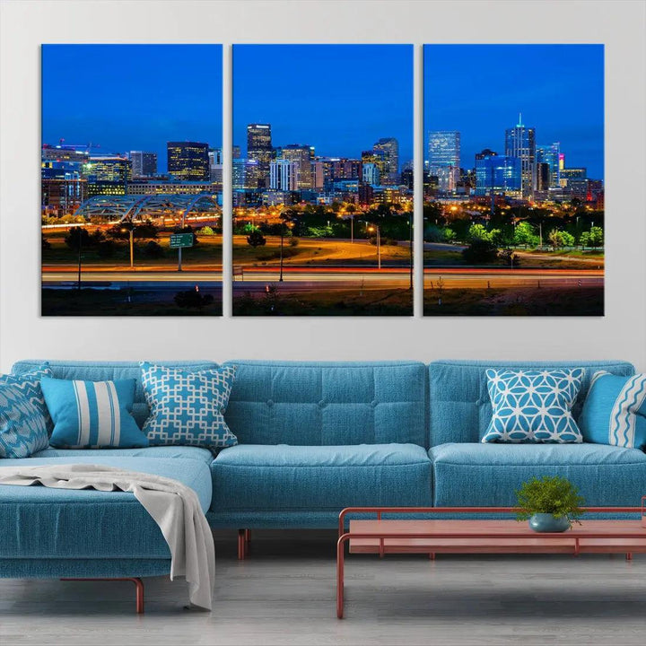 Night Blue Denver Skyline Cityscape View Large Wall Art Canvas Print