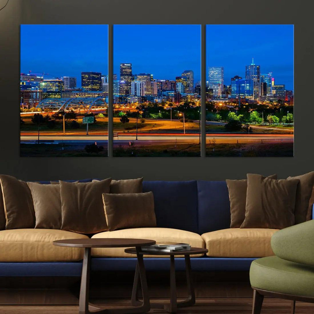 Night Blue Denver Skyline Cityscape View Large Wall Art Canvas Print