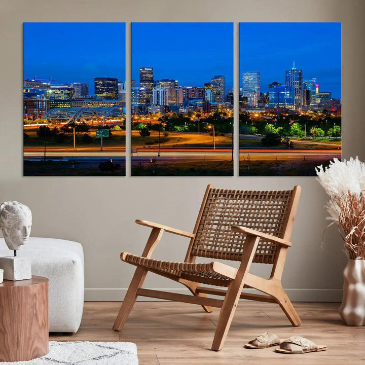 Night Blue Denver Skyline Cityscape View Large Wall Art Canvas Print