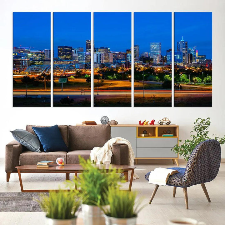 Night Blue Denver Skyline Cityscape View Large Wall Art Canvas Print