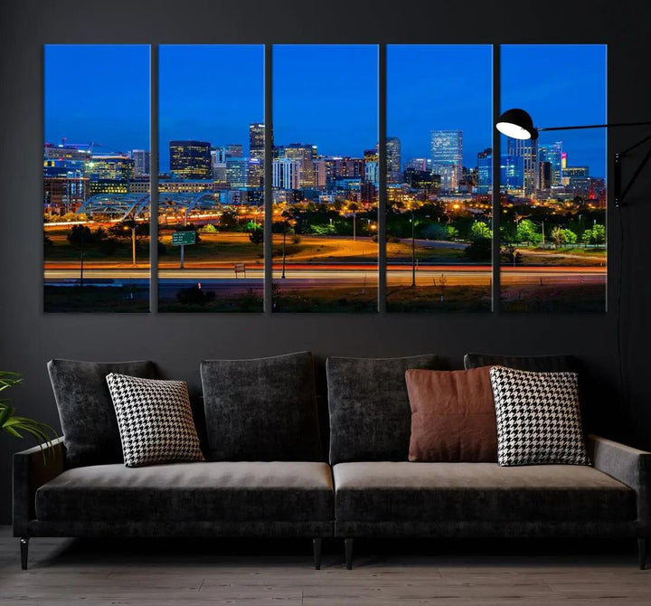 Night Blue Denver Skyline Cityscape View Large Wall Art Canvas Print