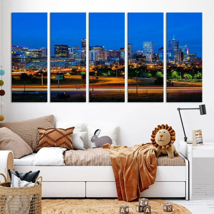 Night Blue Denver Skyline Cityscape View Large Wall Art Canvas Print