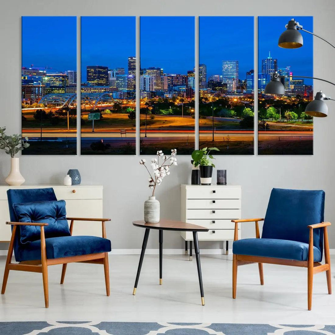 Night Blue Denver Skyline Cityscape View Large Wall Art Canvas Print