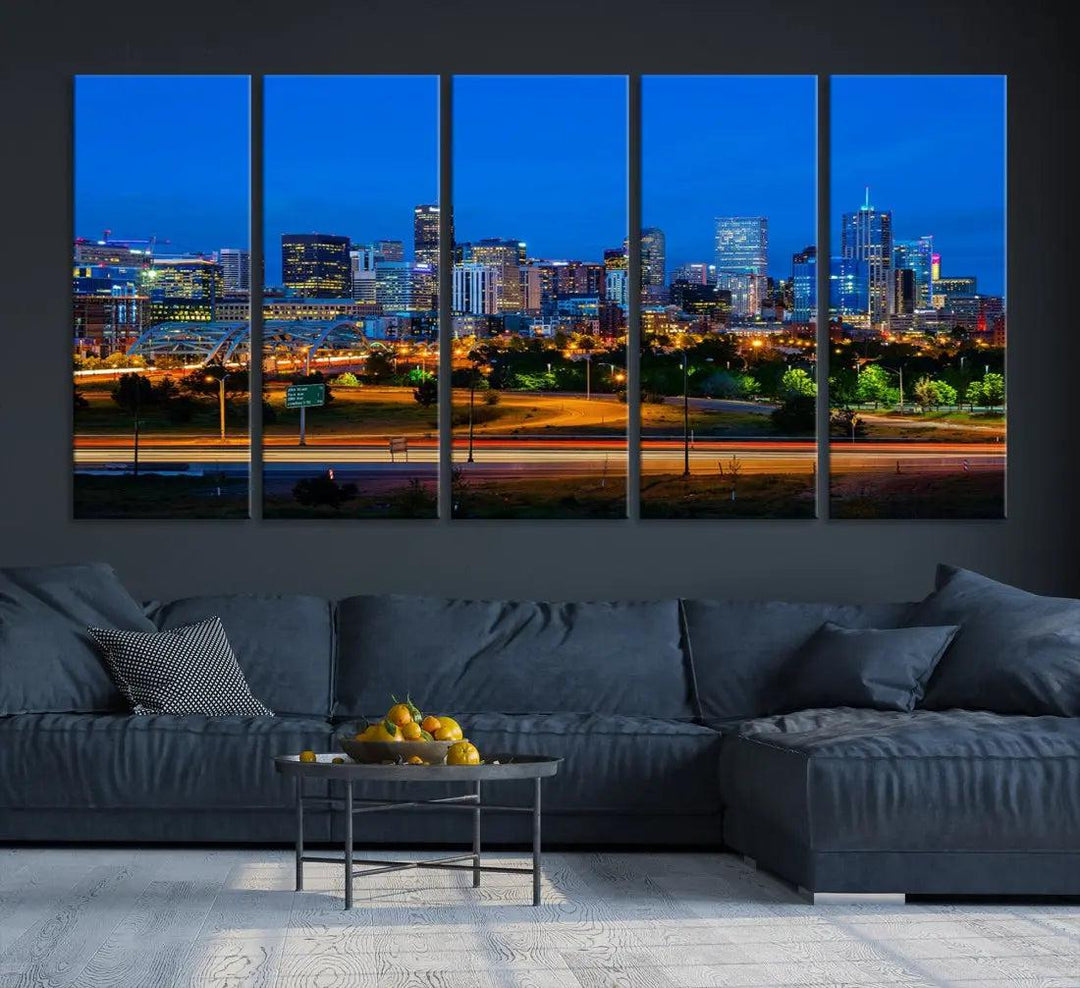 Night Blue Denver Skyline Cityscape View Large Wall Art Canvas Print