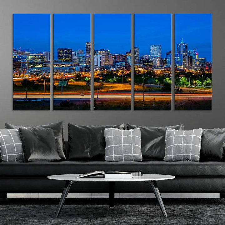 Night Blue Denver Skyline Cityscape View Large Wall Art Canvas Print