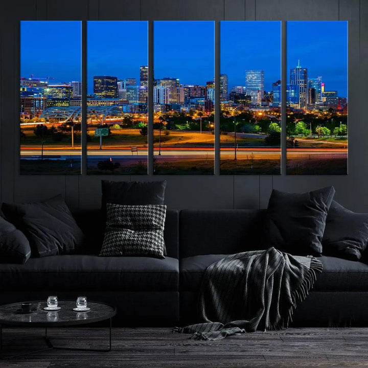 Night Blue Denver Skyline Cityscape View Large Wall Art Canvas Print