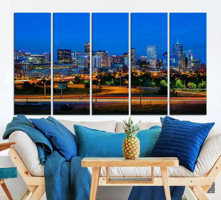 Night Blue Denver Skyline Cityscape View Large Wall Art Canvas Print