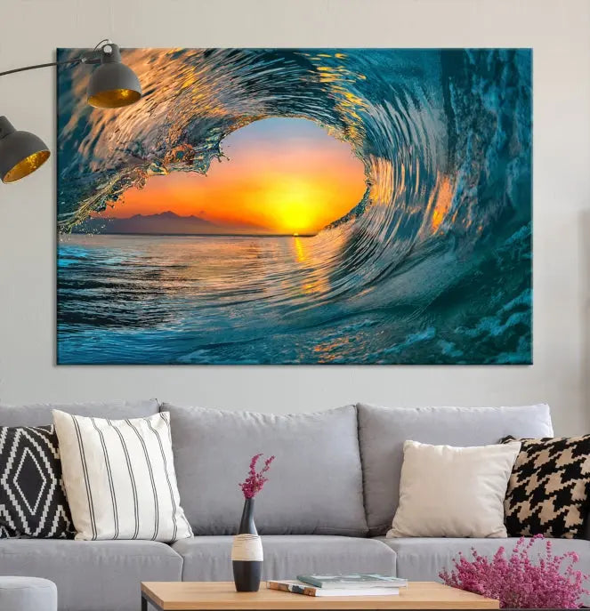 Ocean Great Wave Surface and Sunset Large Wall Art Canvas Print