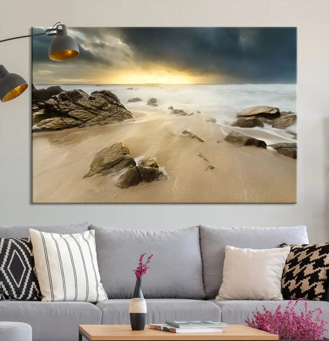 Ocean Waves on Beach Sunset Wall Art Canvas Print Large Office Home Decor