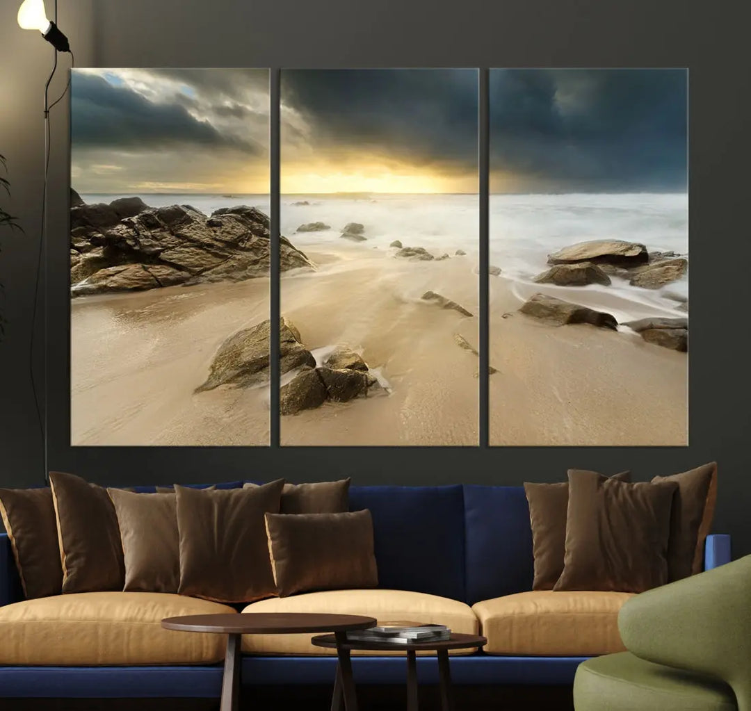 Ocean Waves on Beach Sunset Wall Art Canvas Print Large Office Home Decor