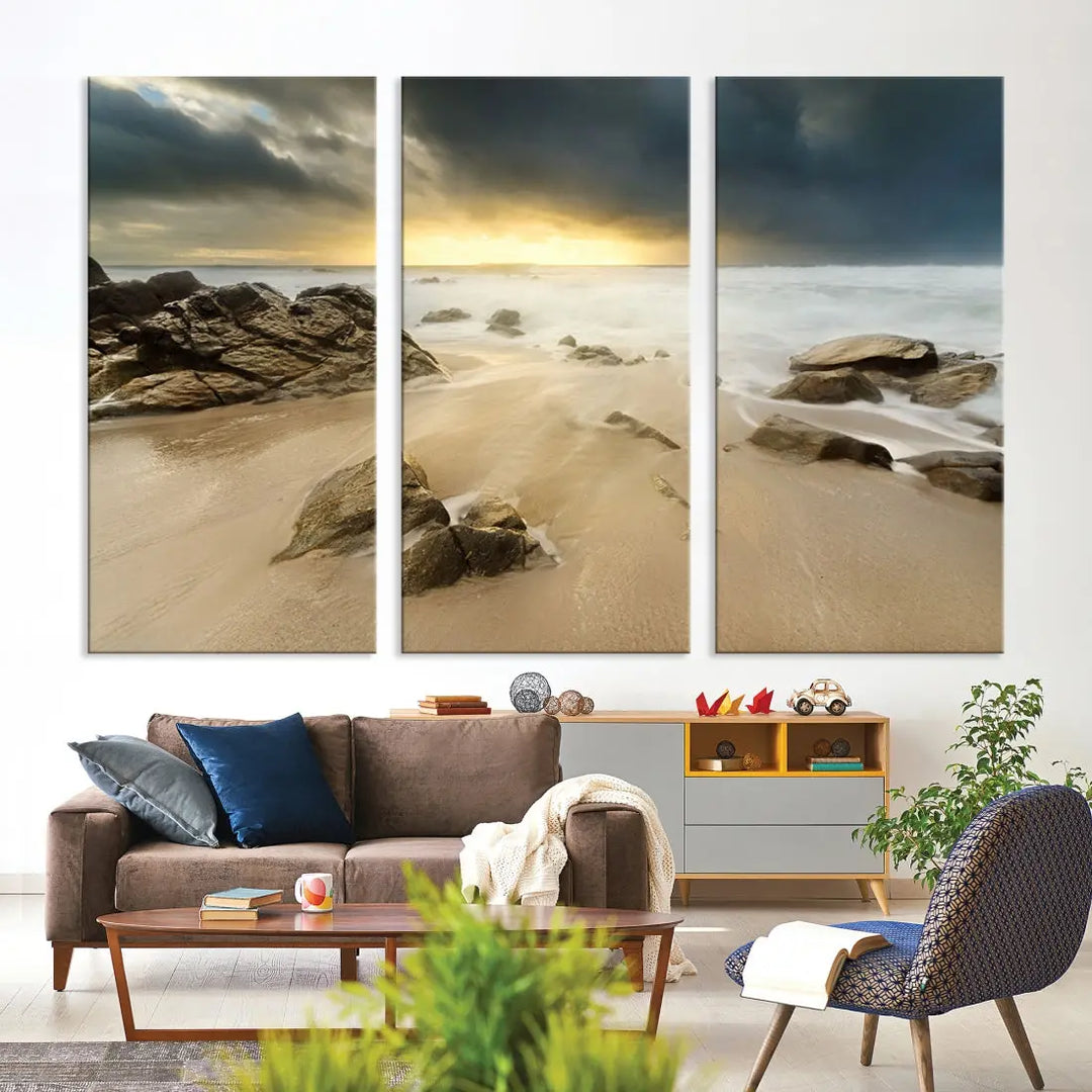 Ocean Waves on Beach Sunset Wall Art Canvas Print Large Office Home Decor