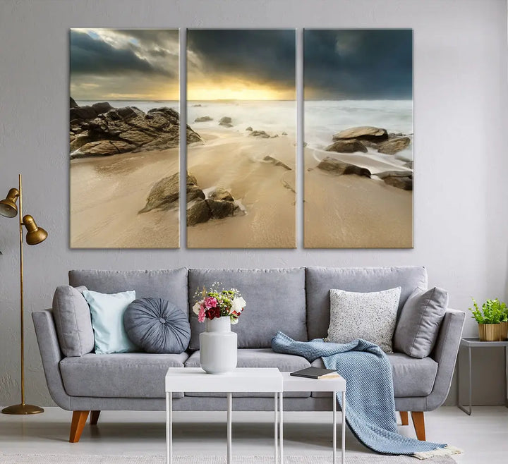 Ocean Waves on Beach Sunset Wall Art Canvas Print Large Office Home Decor