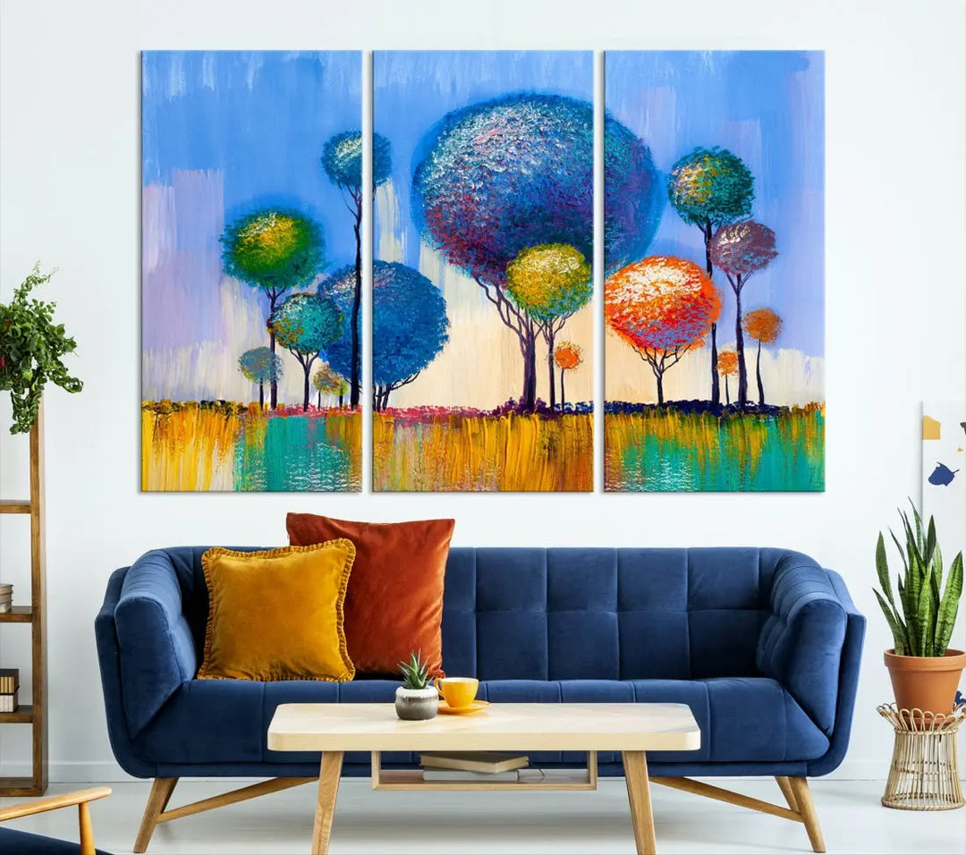 Oil Paint Effect Colorful Trees Wall Art Canvas Print