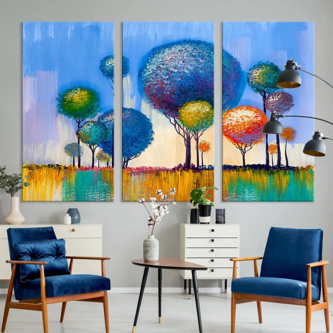 Oil Paint Effect Colorful Trees Wall Art Canvas Print