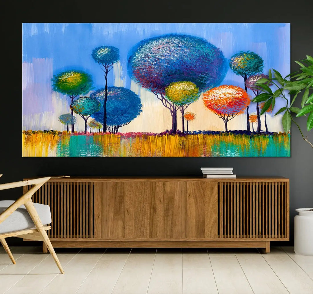 Oil Paint Effect Colorful Trees Wall Art Canvas Print