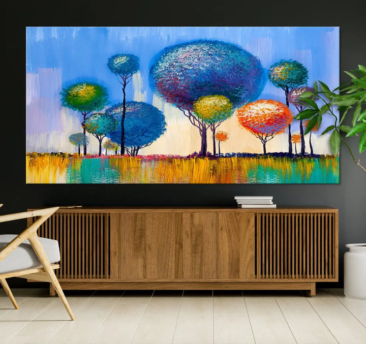 Oil Paint Effect Colorful Trees Wall Art Canvas Print