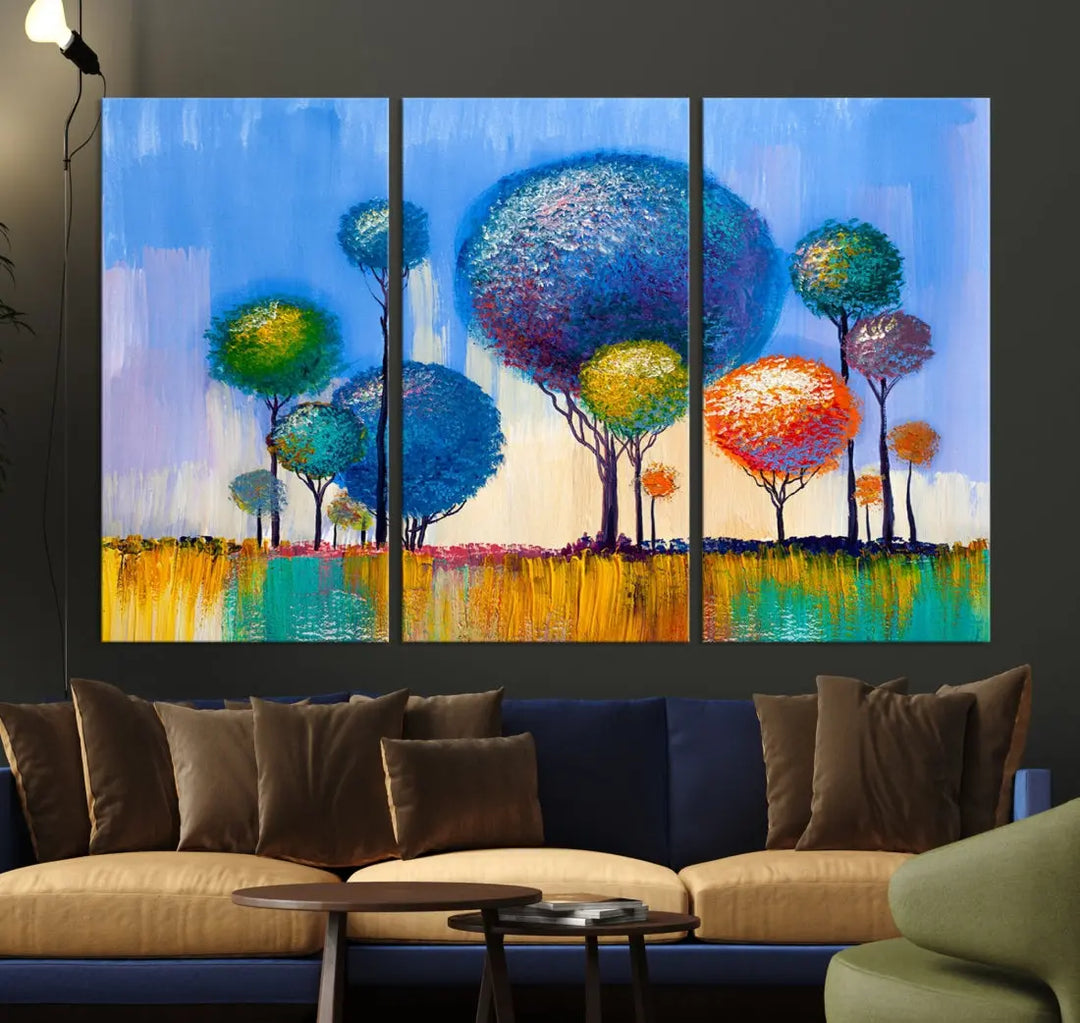 Oil Paint Effect Colorful Trees Wall Art Canvas Print