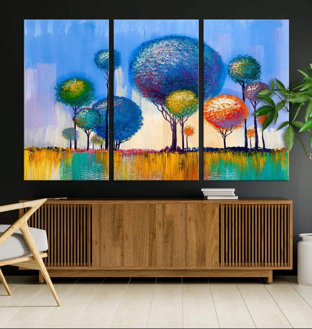 Oil Paint Effect Colorful Trees Wall Art Canvas Print