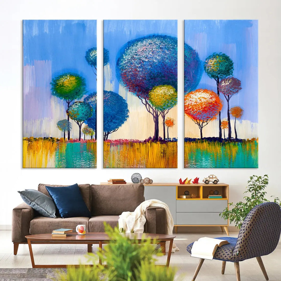 Oil Paint Effect Colorful Trees Wall Art Canvas Print