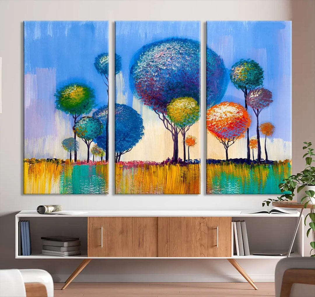 Oil Paint Effect Colorful Trees Wall Art Canvas Print