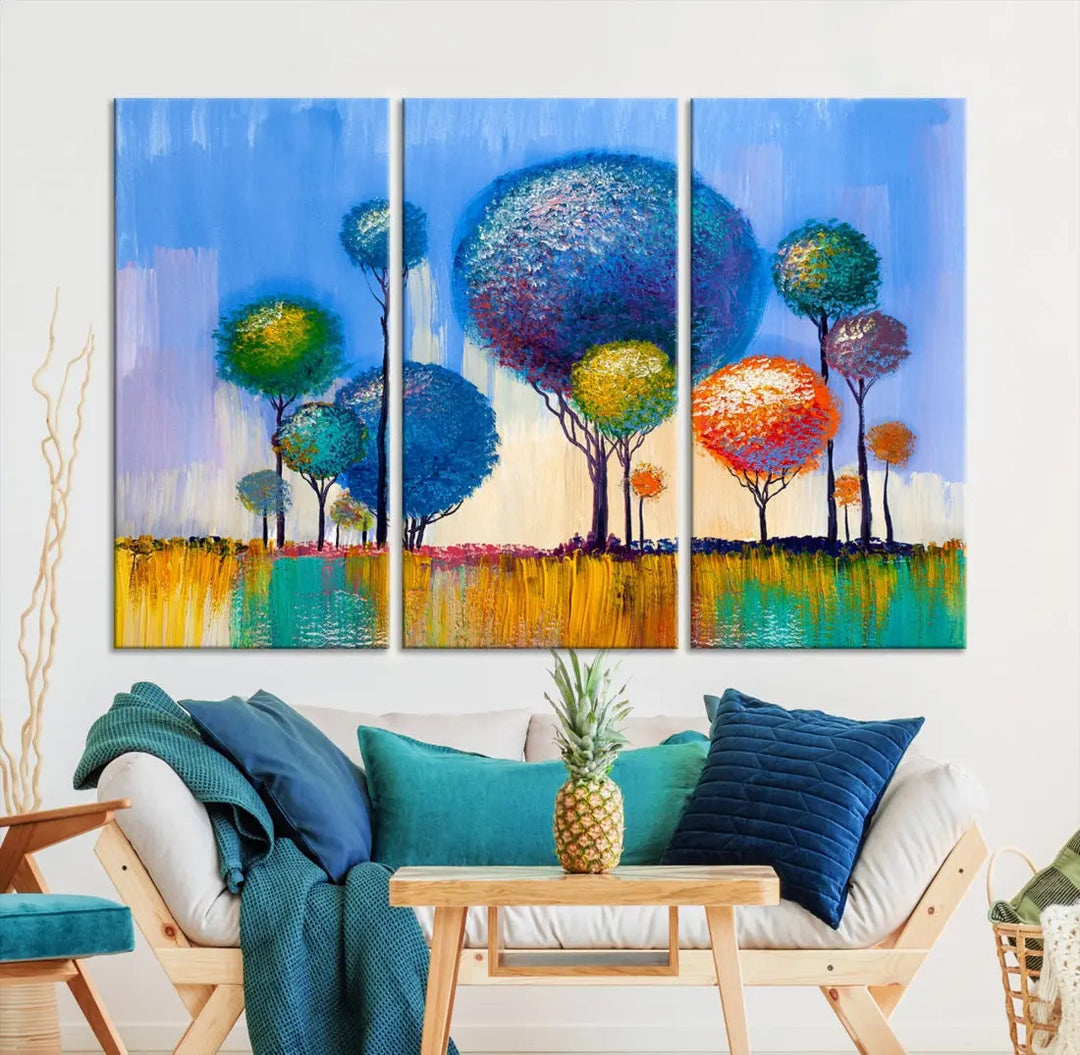 Oil Paint Effect Colorful Trees Wall Art Canvas Print