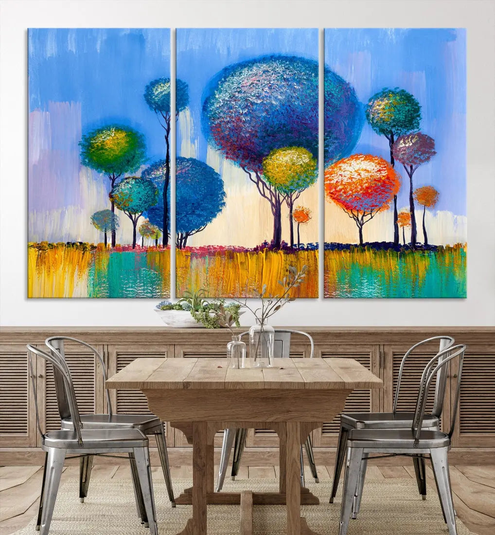 Oil Paint Effect Colorful Trees Wall Art Canvas Print