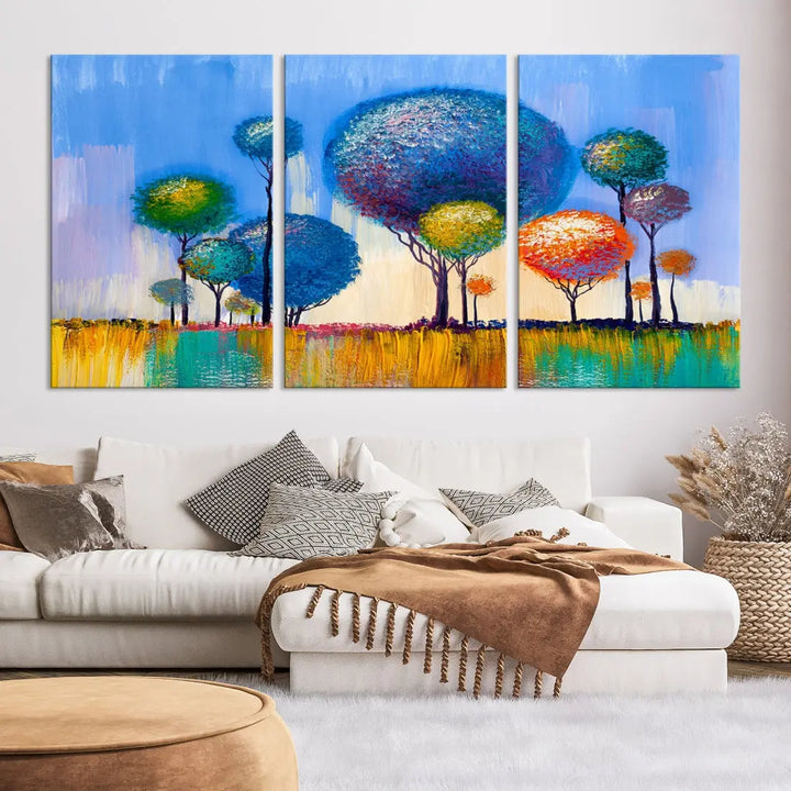 Oil Paint Effect Colorful Trees Wall Art Canvas Print