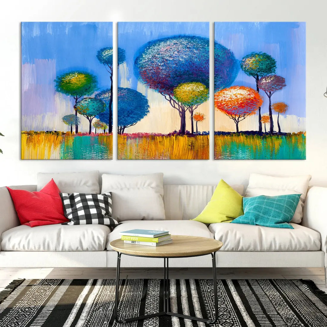 Oil Paint Effect Colorful Trees Wall Art Canvas Print