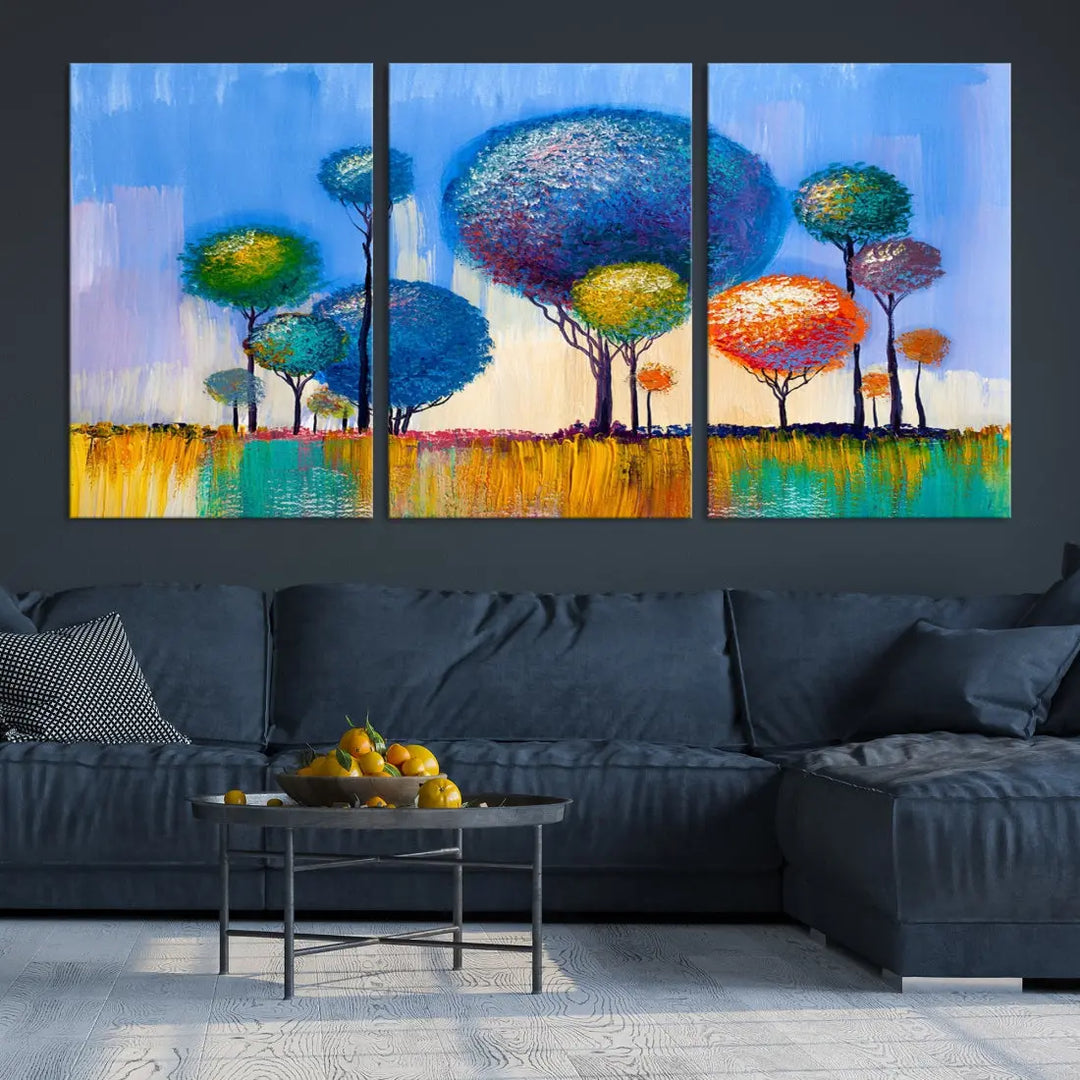 Oil Paint Effect Colorful Trees Wall Art Canvas Print