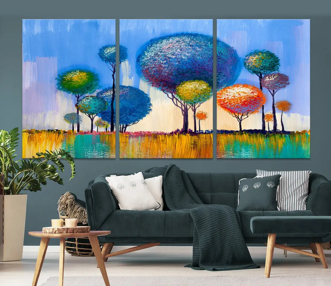 Oil Paint Effect Colorful Trees Wall Art Canvas Print