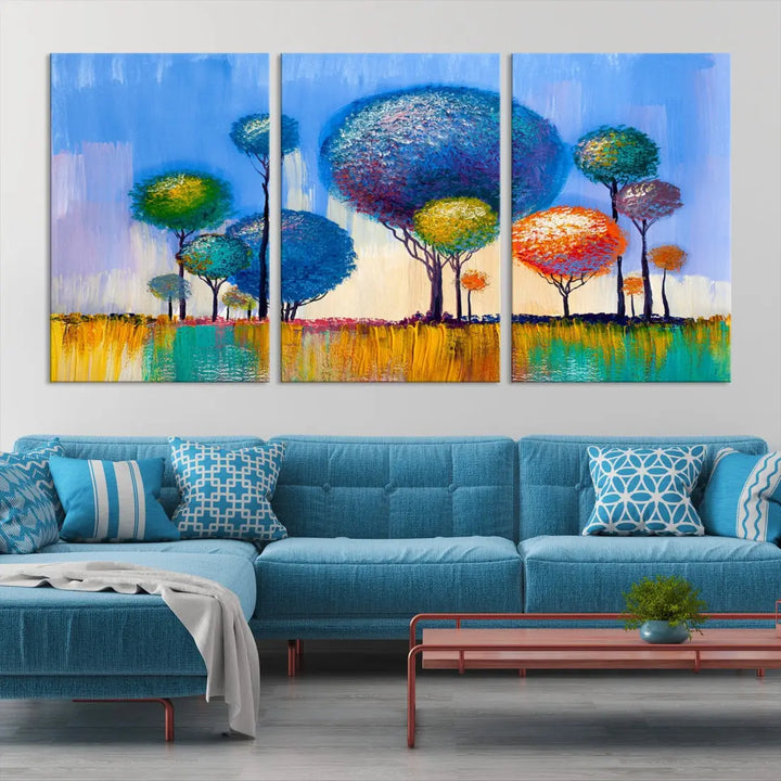 Oil Paint Effect Colorful Trees Wall Art Canvas Print