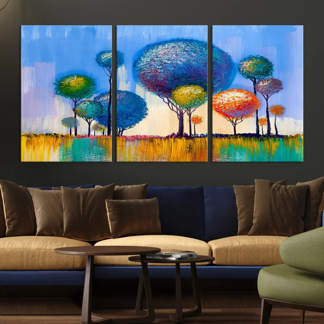 Oil Paint Effect Colorful Trees Wall Art Canvas Print