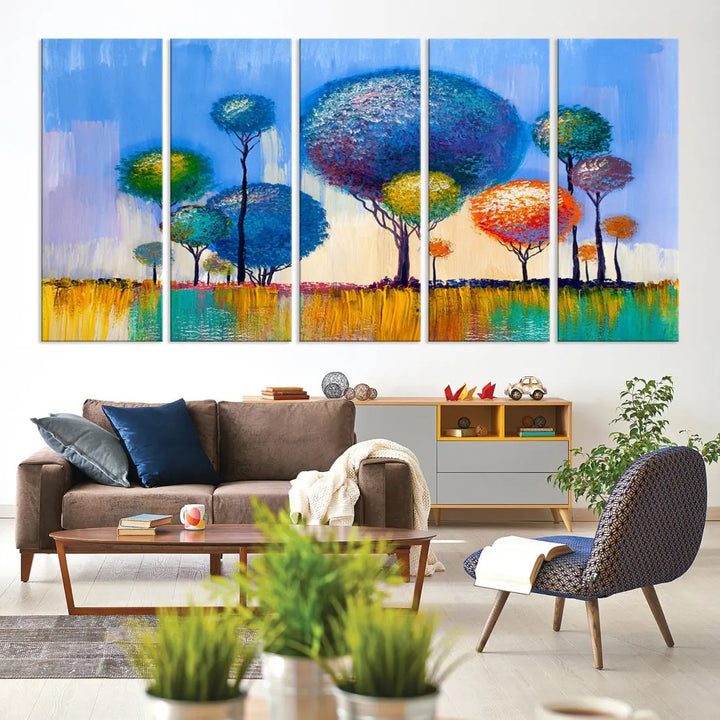 Oil Paint Effect Colorful Trees Wall Art Canvas Print