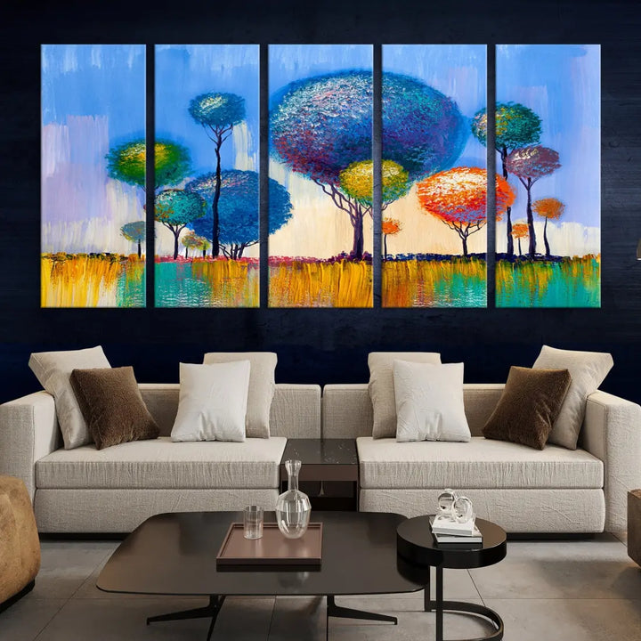 Oil Paint Effect Colorful Trees Wall Art Canvas Print