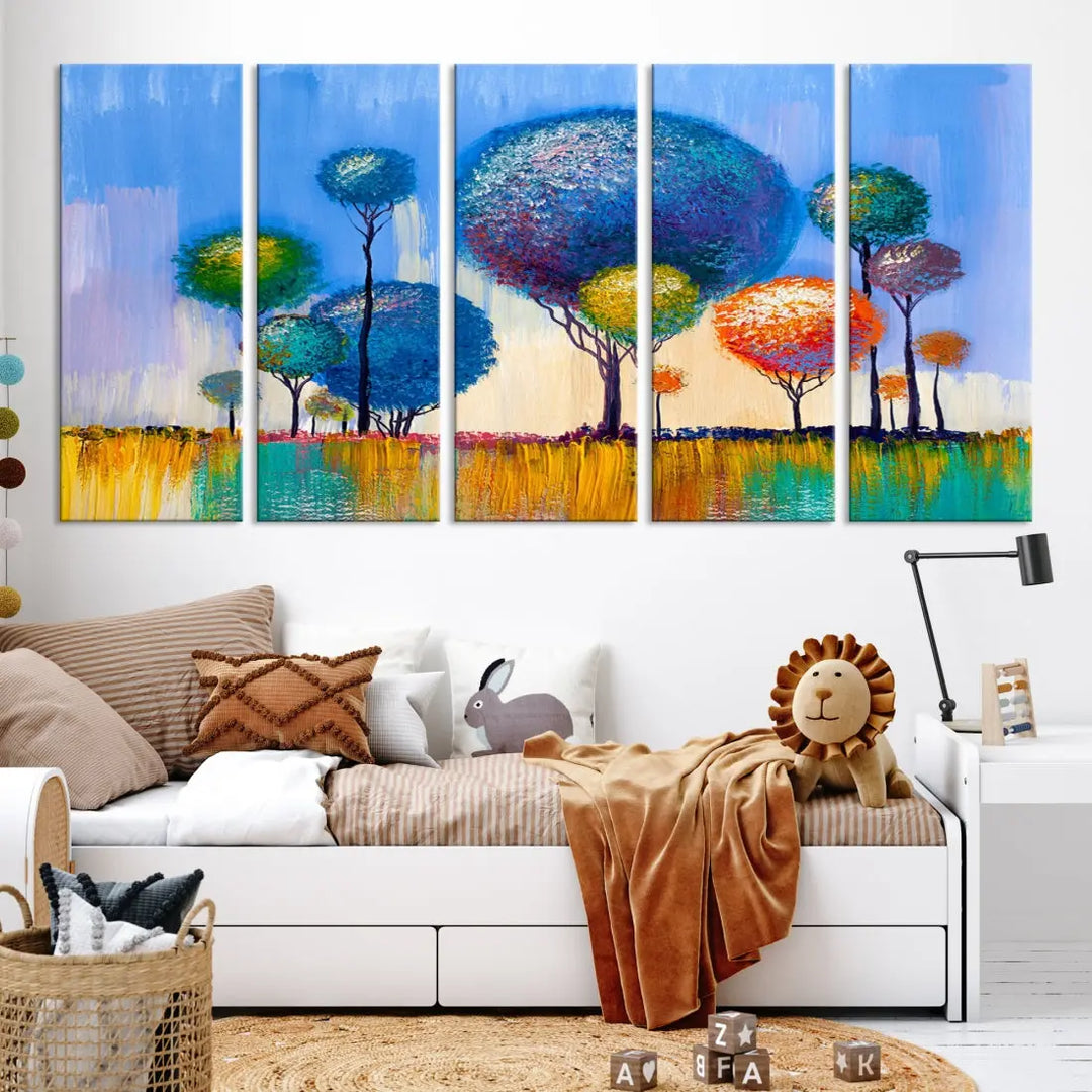 Oil Paint Effect Colorful Trees Wall Art Canvas Print