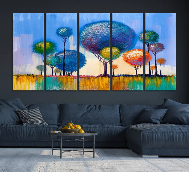 Oil Paint Effect Colorful Trees Wall Art Canvas Print