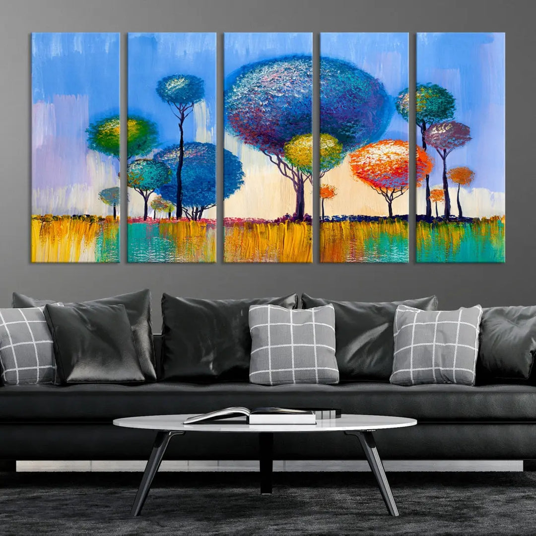 Oil Paint Effect Colorful Trees Wall Art Canvas Print