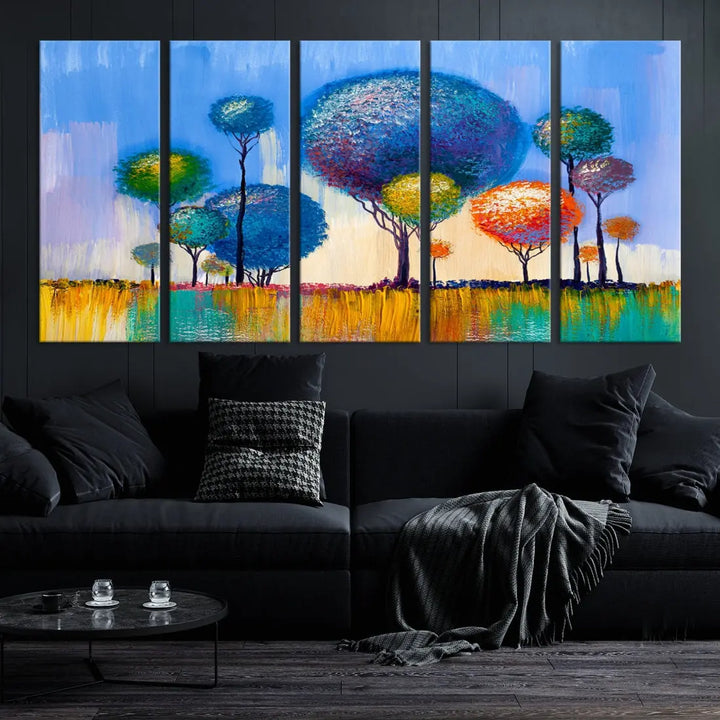 Oil Paint Effect Colorful Trees Wall Art Canvas Print