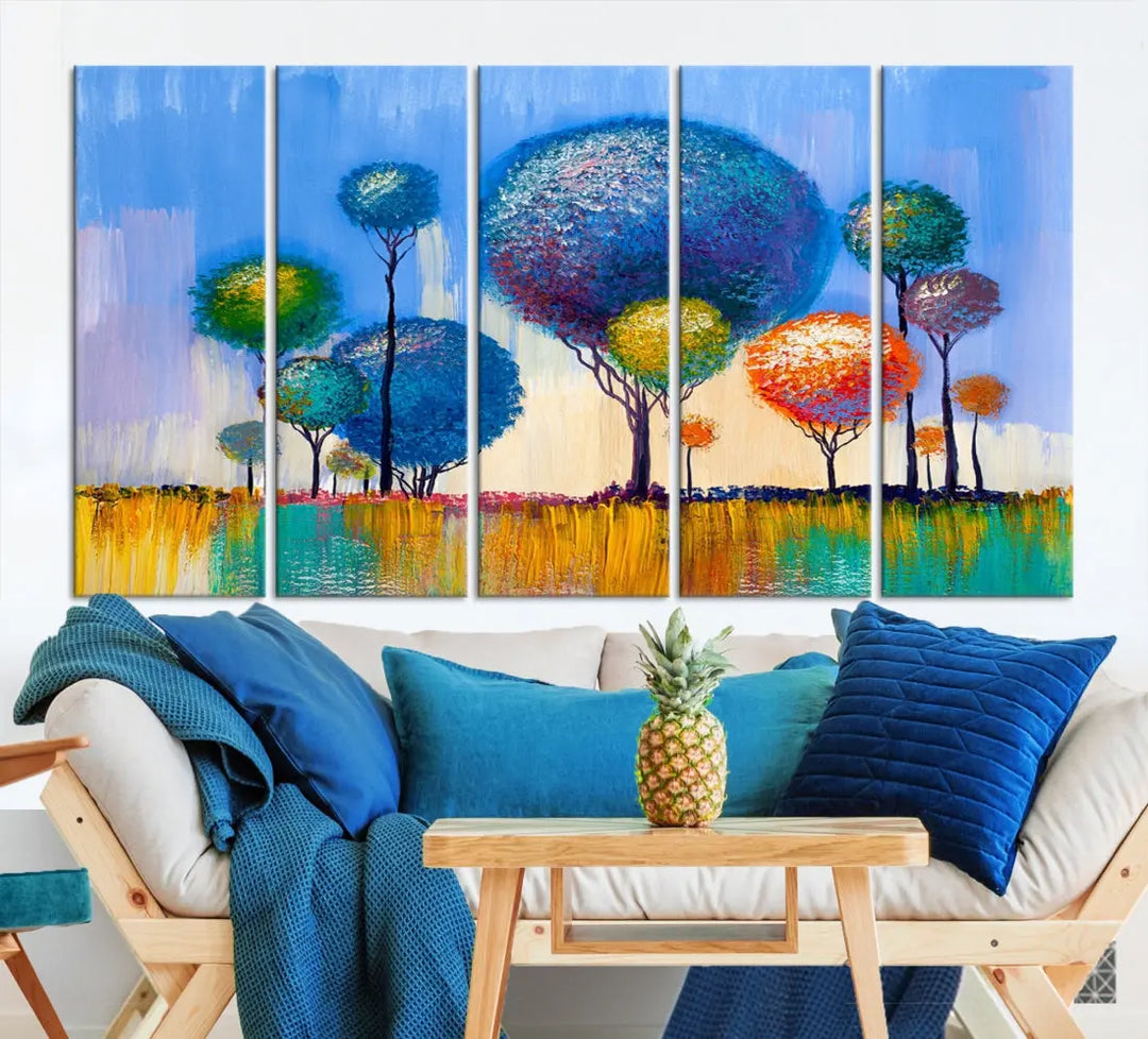 Oil Paint Effect Colorful Trees Wall Art Canvas Print