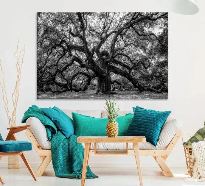 Old Angel Oak Tree Black and White Nature Wall Art Canvas Print