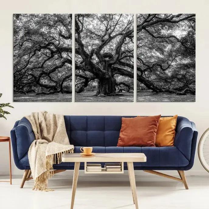 Old Angel Oak Tree Black and White Nature Wall Art Canvas Print