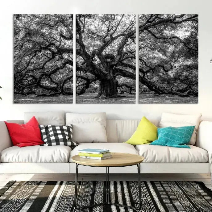 Old Angel Oak Tree Black and White Nature Wall Art Canvas Print