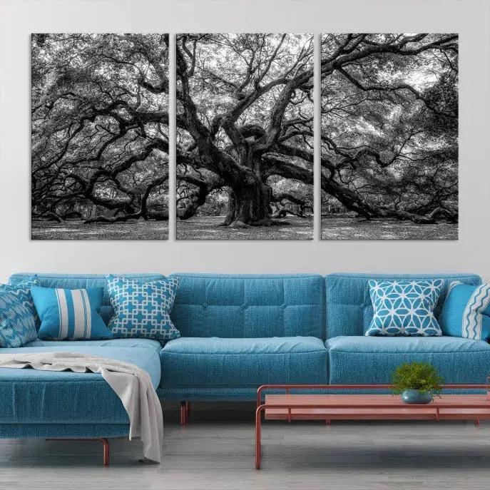 Old Angel Oak Tree Black and White Nature Wall Art Canvas Print