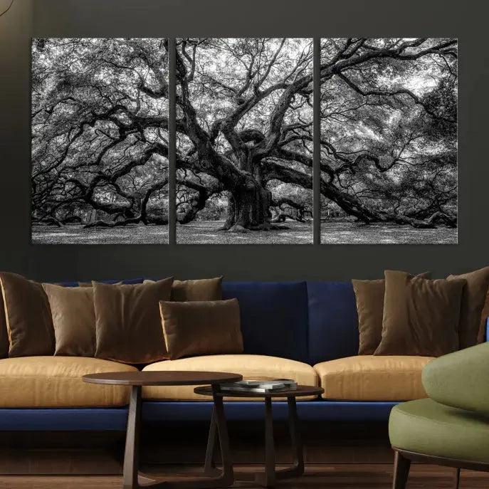 Old Angel Oak Tree Black and White Nature Wall Art Canvas Print