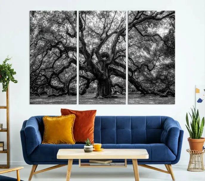 Old Angel Oak Tree Black and White Nature Wall Art Canvas Print