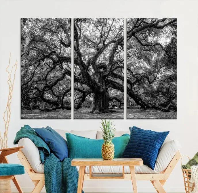 Old Angel Oak Tree Black and White Nature Wall Art Canvas Print