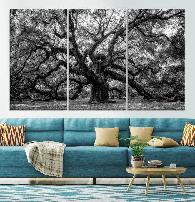 Old Angel Oak Tree Black and White Nature Wall Art Canvas Print