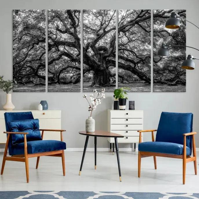 Old Angel Oak Tree Black and White Nature Wall Art Canvas Print