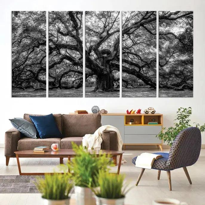 Old Angel Oak Tree Black and White Nature Wall Art Canvas Print